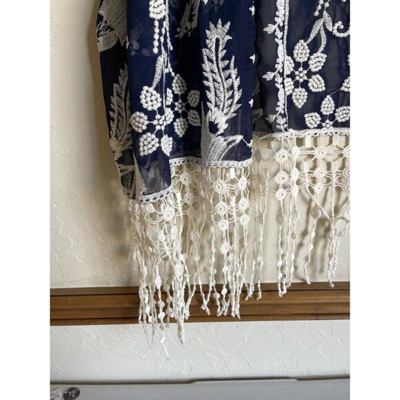 Ya Ya Club Navy Blue Cream Embroidered Floral Kimono Wrap Fringe Semi Sheer Size - Picture 4 of 8